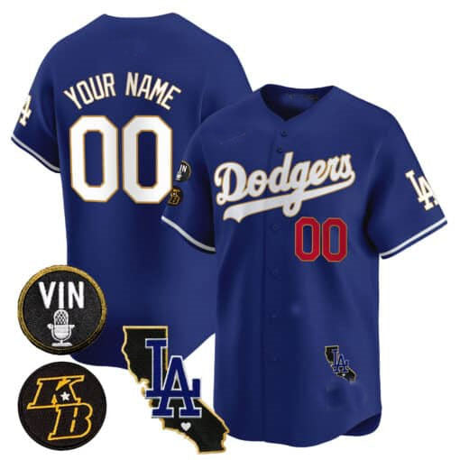 Custom LA.Dodgers Vin Patch & Kobe Bryant Gold Trim Limited V2 Baseball Jerseys