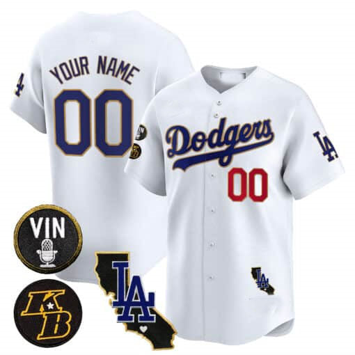 Custom LA.Dodgers Vin Patch & Kobe Bryant Gold Trim Limited V2 Baseball Jerseys