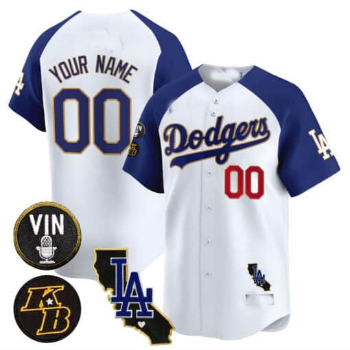 Custom LA.Dodgers Vin Patch & Kobe Bryant Gold Trim Limited V2 Baseball Jerseys