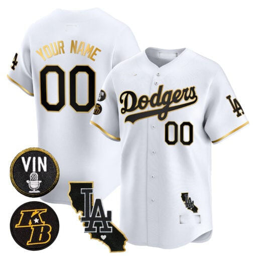 Custom LA.Dodgers Vin Patch & Kobe Bryant Gold Trim Limited V2 Baseball Jerseys